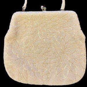 VTG 60's Ivory Floral Beaded Evening Bag Clutch Lined w/ Mirror Pocket Theater